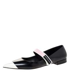 Pre Owned Prada Black/White Leather Cap Toe Mary Jane Pointed Toe Flats Size 38
