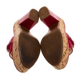 Pre Owned Prada Pink Patent Leather Embellished Open Toe Cork Platform Block Heel Sandals Size 38