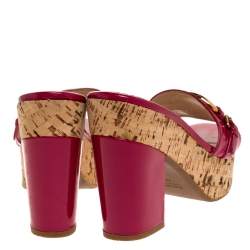 Pre Owned Prada Pink Patent Leather Embellished Open Toe Cork Platform Block Heel Sandals Size 38