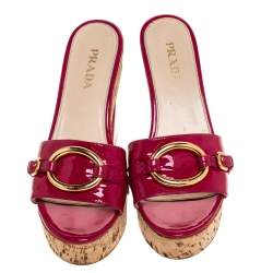 Pre Owned Prada Pink Patent Leather Embellished Open Toe Cork Platform Block Heel Sandals Size 38