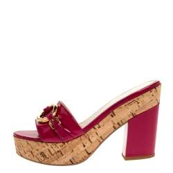 Pre Owned Prada Pink Patent Leather Embellished Open Toe Cork Platform Block Heel Sandals Size 38