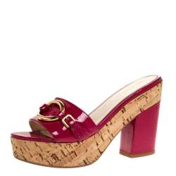 Pre Owned Prada Pink Patent Leather Embellished Open Toe Cork Platform Block Heel Sandals Size 38