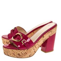 Pre Owned Prada Pink Patent Leather Embellished Open Toe Cork Platform Block Heel Sandals Size 38