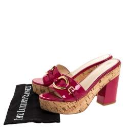 Pre Owned Prada Pink Patent Leather Embellished Open Toe Cork Platform Block Heel Sandals Size 38