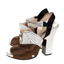 Pre Owned Prada Tricolor Stitch Detail Leather And Satin Zip Detail Block Heel Sandals Size 40