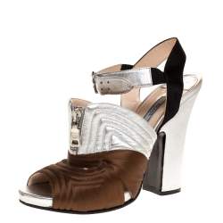 Pre Owned Prada Tricolor Stitch Detail Leather And Satin Zip Detail Block Heel Sandals Size 40