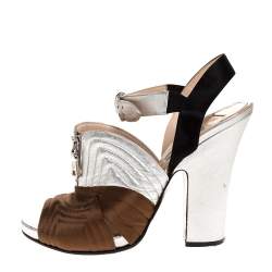 Pre Owned Prada Tricolor Stitch Detail Leather And Satin Zip Detail Block Heel Sandals Size 40