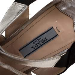 Pre Owned Prada Tricolor Stitch Detail Leather And Satin Zip Detail Block Heel Sandals Size 40