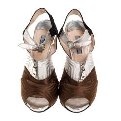 Pre Owned Prada Tricolor Stitch Detail Leather And Satin Zip Detail Block Heel Sandals Size 40