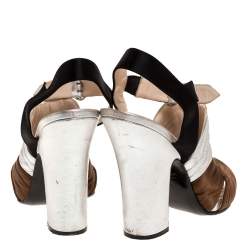 Pre Owned Prada Tricolor Stitch Detail Leather And Satin Zip Detail Block Heel Sandals Size 40