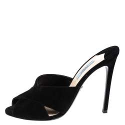 Pre Owned Prada Black Suede Criss Cross Slide Sandals Size 39