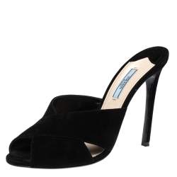 Pre Owned Prada Black Suede Criss Cross Slide Sandals Size 39