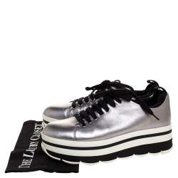 Pre Owned Prada Sport Metallic Silver Leather Lace Up Platform Sneakers Size 37