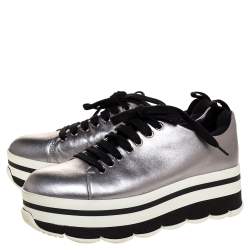 Pre Owned Prada Sport Metallic Silver Leather Lace Up Platform Sneakers Size 37