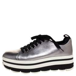 Pre Owned Prada Sport Metallic Silver Leather Lace Up Platform Sneakers Size 37
