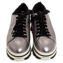 Pre Owned Prada Sport Metallic Silver Leather Lace Up Platform Sneakers Size 37