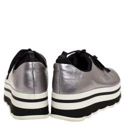 Pre Owned Prada Sport Metallic Silver Leather Lace Up Platform Sneakers Size 37
