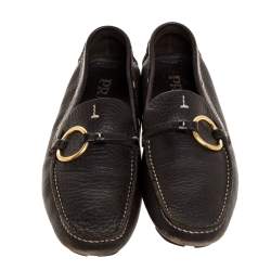 Pre Owned Prada Dark Brown Grained Leather Ring Buckle Loafers Size 35