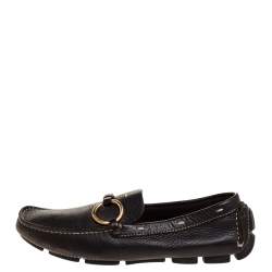 Pre Owned Prada Dark Brown Grained Leather Ring Buckle Loafers Size 35