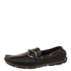 Pre Owned Prada Dark Brown Grained Leather Ring Buckle Loafers Size 35