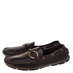Pre Owned Prada Dark Brown Grained Leather Ring Buckle Loafers Size 35
