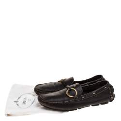 Pre Owned Prada Dark Brown Grained Leather Ring Buckle Loafers Size 35