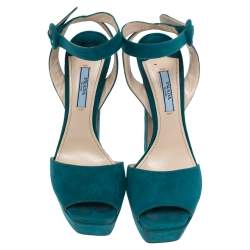 Pre Owned Prada Teal Suede Platform Block Heel Ankle Strap Sandals Size 37.5