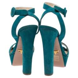 Pre Owned Prada Teal Suede Platform Block Heel Ankle Strap Sandals Size 37.5