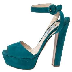 Pre Owned Prada Teal Suede Platform Block Heel Ankle Strap Sandals Size 37.5