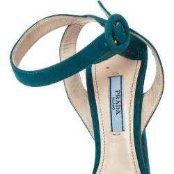 Pre Owned Prada Teal Suede Platform Block Heel Ankle Strap Sandals Size 37.5