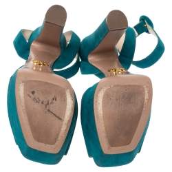 Pre Owned Prada Teal Suede Platform Block Heel Ankle Strap Sandals Size 37.5
