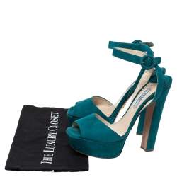 Pre Owned Prada Teal Suede Platform Block Heel Ankle Strap Sandals Size 37.5
