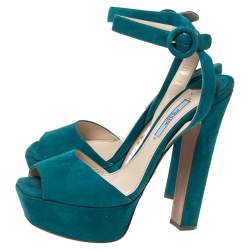Pre Owned Prada Teal Suede Platform Block Heel Ankle Strap Sandals Size 37.5