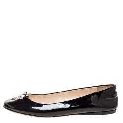 Pre Owned Prada Black Patent Leather Logo Bow Ballet Flats Size 37