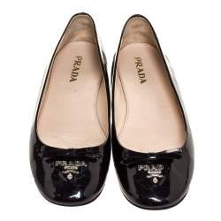 Pre Owned Prada Black Patent Leather Logo Bow Ballet Flats Size 37