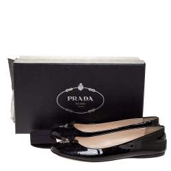 Pre Owned Prada Black Patent Leather Logo Bow Ballet Flats Size 37