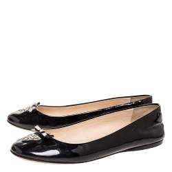 Pre Owned Prada Black Patent Leather Logo Bow Ballet Flats Size 37