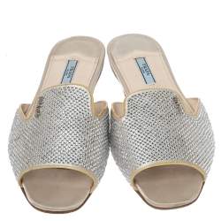Pre Owned Prada Grey Satin Crystal Embellished Flat Slides Size 40.5
