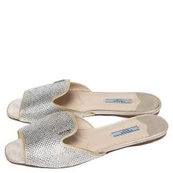 Pre Owned Prada Grey Satin Crystal Embellished Flat Slides Size 40.5