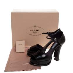 Pre Owned Prada Black Leather Platform Ankle Strap Sandal Size 38