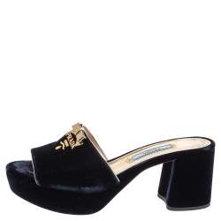 Pre Owned Prada Blue Velvet Bow Platform Block Heel Sandals Size 36