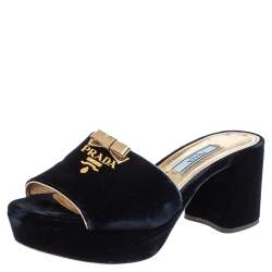 Pre Owned Prada Blue Velvet Bow Platform Block Heel Sandals Size 36