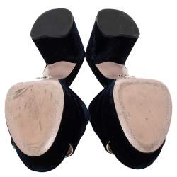 Pre Owned Prada Blue Velvet Bow Platform Block Heel Sandals Size 36