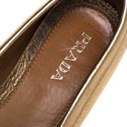 Pre Owned  Prada Metallic Gold Leather Bow Slip On Loafers Size 37.5