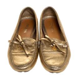 Pre Owned  Prada Metallic Gold Leather Bow Slip On Loafers Size 37.5