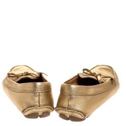 Pre Owned  Prada Metallic Gold Leather Bow Slip On Loafers Size 37.5