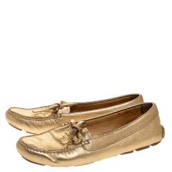 Pre Owned  Prada Metallic Gold Leather Bow Slip On Loafers Size 37.5