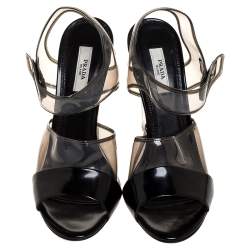 Pre Owned Prada Black Leather And PVC Ankle Strap Lucite Heel Sandals Size 37