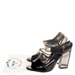 Pre Owned Prada Black Leather And PVC Ankle Strap Lucite Heel Sandals Size 37