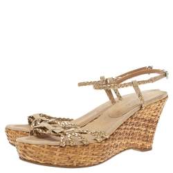 Pre Owned Prada Bronze/Beige Braided Leather And Woven Raffia Wedge Ankle Strap Sandals Size 39.5